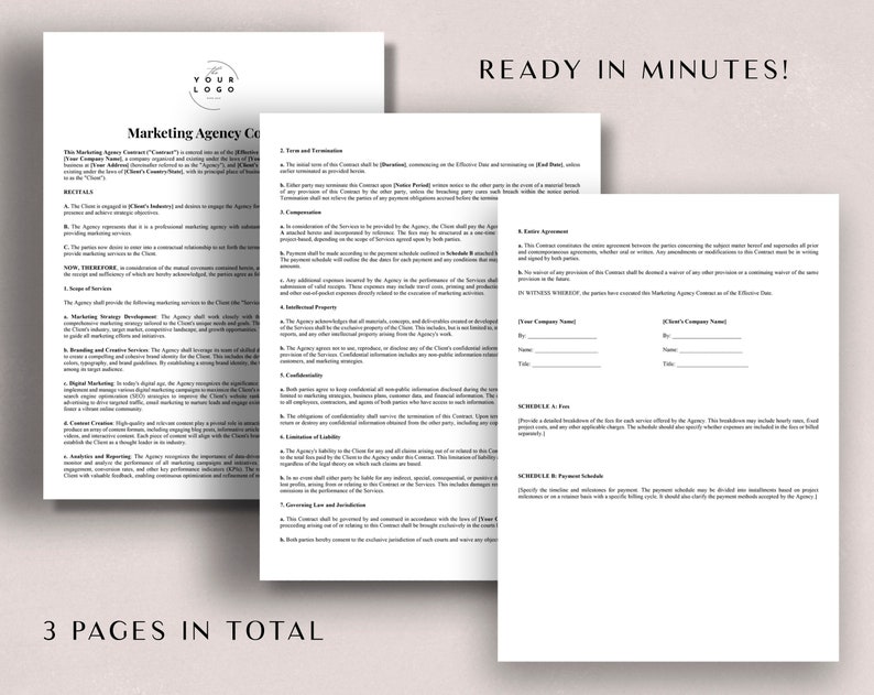 Op de afbeelding: Een zwart-witte marketing-agentschapcontracttemplate met de titel "Marketing Agency Contract" en de tekst "READY IN MINUTES!" bovenaan de pagina. Het contract bevat secties voor "Terms and Termination", "Force Majeure", "Confidentiality", "Limitation of Liability", "Governing Law and Jurisdiction", "Entire Agreement", "Notices", "Waiver", "Severability", "Assignment", "Amendments", "Schedule A: Fees", "Schedule B: Payment Schedule", en "In Witness Whereof".
