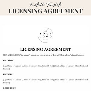 May include: A black and white licensing agreement template with the text "Licensing Agreement" at the top. The template includes space for the legal names, addresses, and contact information of the licensor and licensee.
