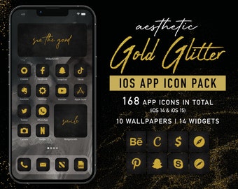 Gold Glitter iPhone iOS App Icons Theme Pack, Glitter Aesthetic App Icon, IPhone Gold Homescreen Layout, Black iPhone Theme, Widgets iPhone