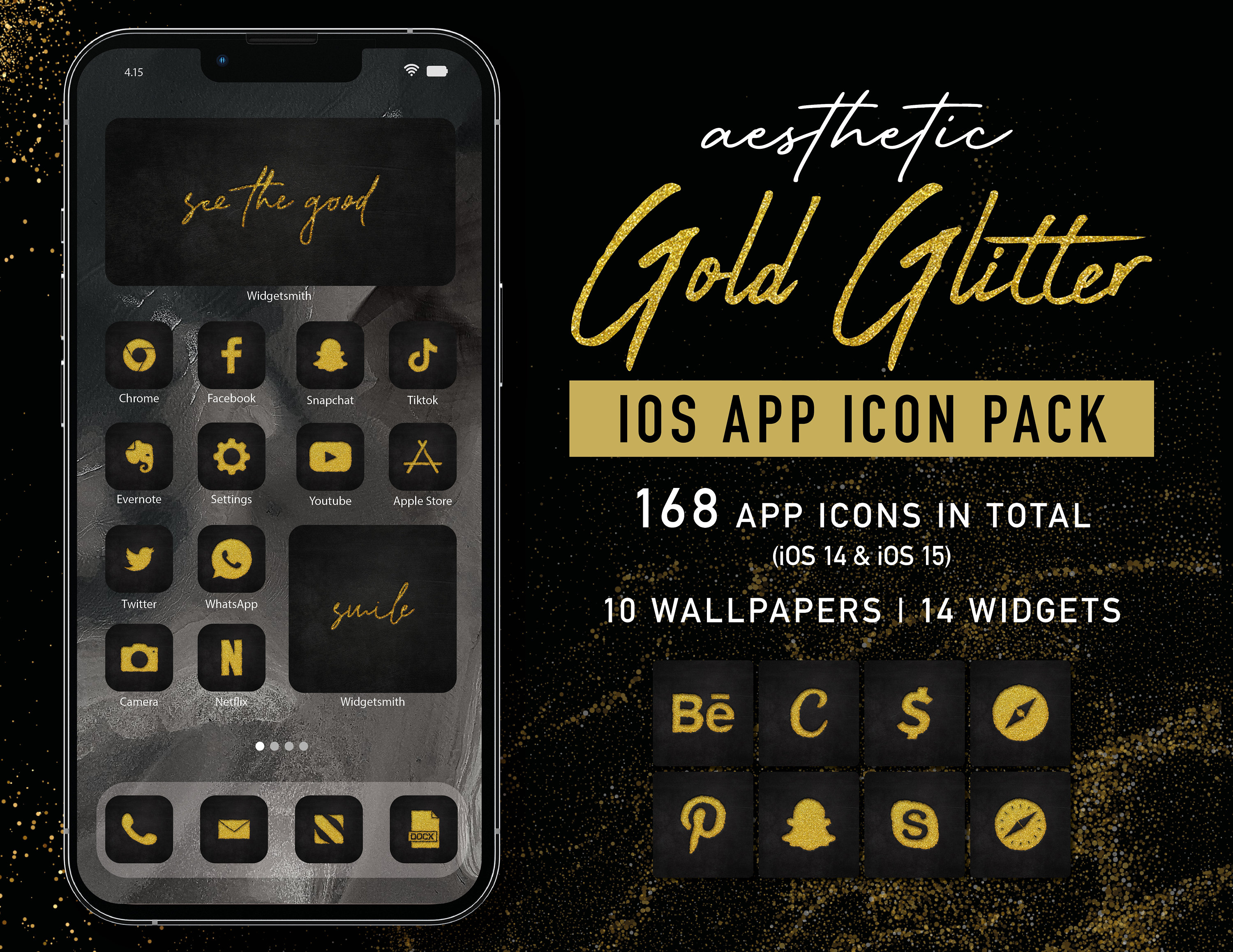 Paquete de temas de iconos de la aplicación iOS de iPhone con brillo  dorado, icono de la aplicación estética con brillo, diseño de pantalla de  inicio de oro de iPhone, tema de, image size:3000x2316