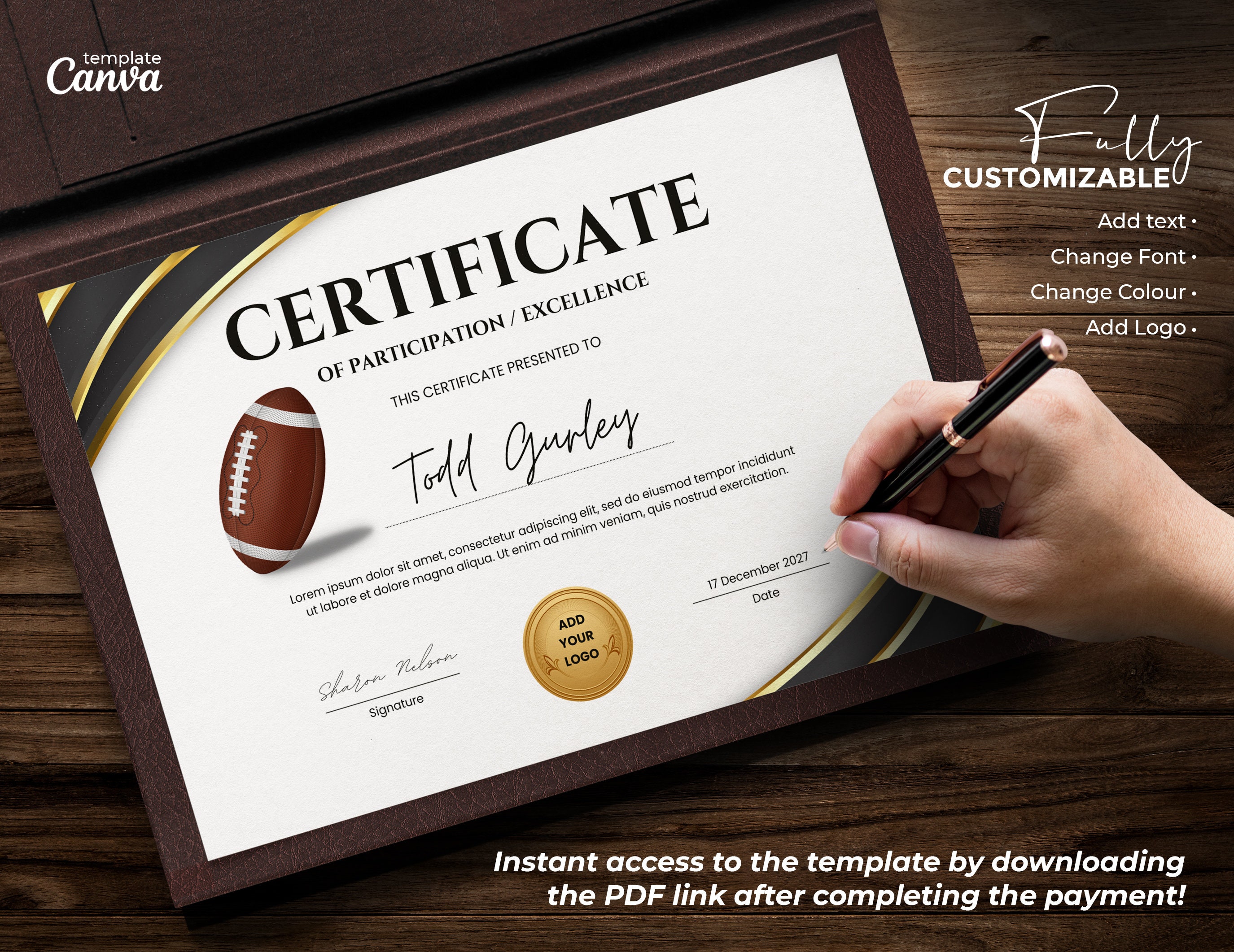 American Football Certificate Template Sports Certificate - Etsy