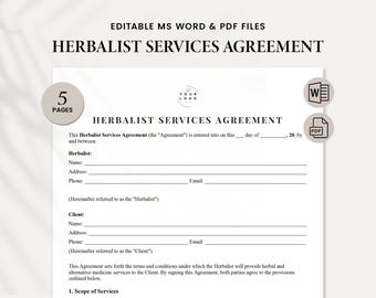 Herbalist Services Agreement Template - Customizable Herbal Medicine Contract - Clear Terms for Herbal Practitioners - Printable PDF & WORD