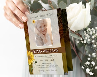 4 Page Gold Sunflower Funeral Program Template, Celebration of Life, Obituary Template, Memorial Program, Funeral Design