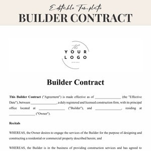 Builder Contract Template, Editable Construction Agreement Form - PDF & Word Download, Customizable Building Project Document