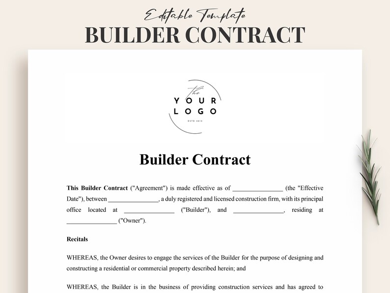 Builder Contract Template, Editable Construction Agreement Form - PDF ...