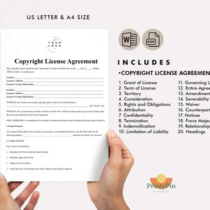 May include: A Copyright License Agreement document, available in US Letter and A4 sizes, is held by a person. The document includes sections on Grant of License, Term of License, Territory, and more. The document also includes a logo and the text "PrintyPin Studio".