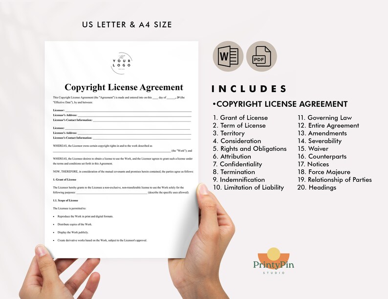 May include: A Copyright License Agreement document, available in US Letter and A4 sizes, is held by a person. The document includes sections on Grant of License, Term of License, Territory, and more. The document also includes a logo and the text "PrintyPin Studio".