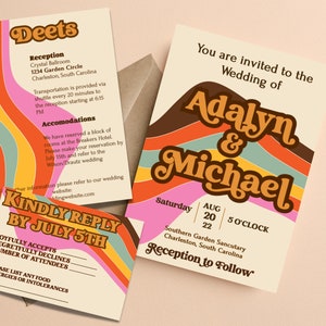 Retro wedding invitation set, 70s wedding, retro rainbow vintage invites,  Boho Retro Floral Wedding Suite, 70s Wedding Template