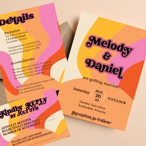 Retro wedding invitation set, 70s wedding, retro rainbow vintage invites, Boho Retro Floral Wedding Suite, 70s Wedding Template
