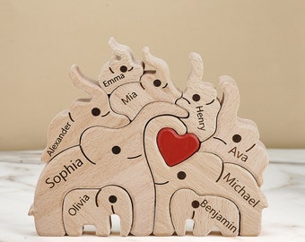 Wooden Elephant Family Custom Puzzle, Family Keepsake Gifts, Animal Family Wooden Toys, Wedding Anniversary, Home Decor, Family of Ten