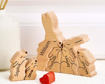 Casse-tête de famille avec lapins en bois, Casse-tête personnalisé, Cadeaux de famille, Jouets en bois pour famille d'animaux, Anniversaire de mariage, Décoration d'intérieur, Famille de dix personnes