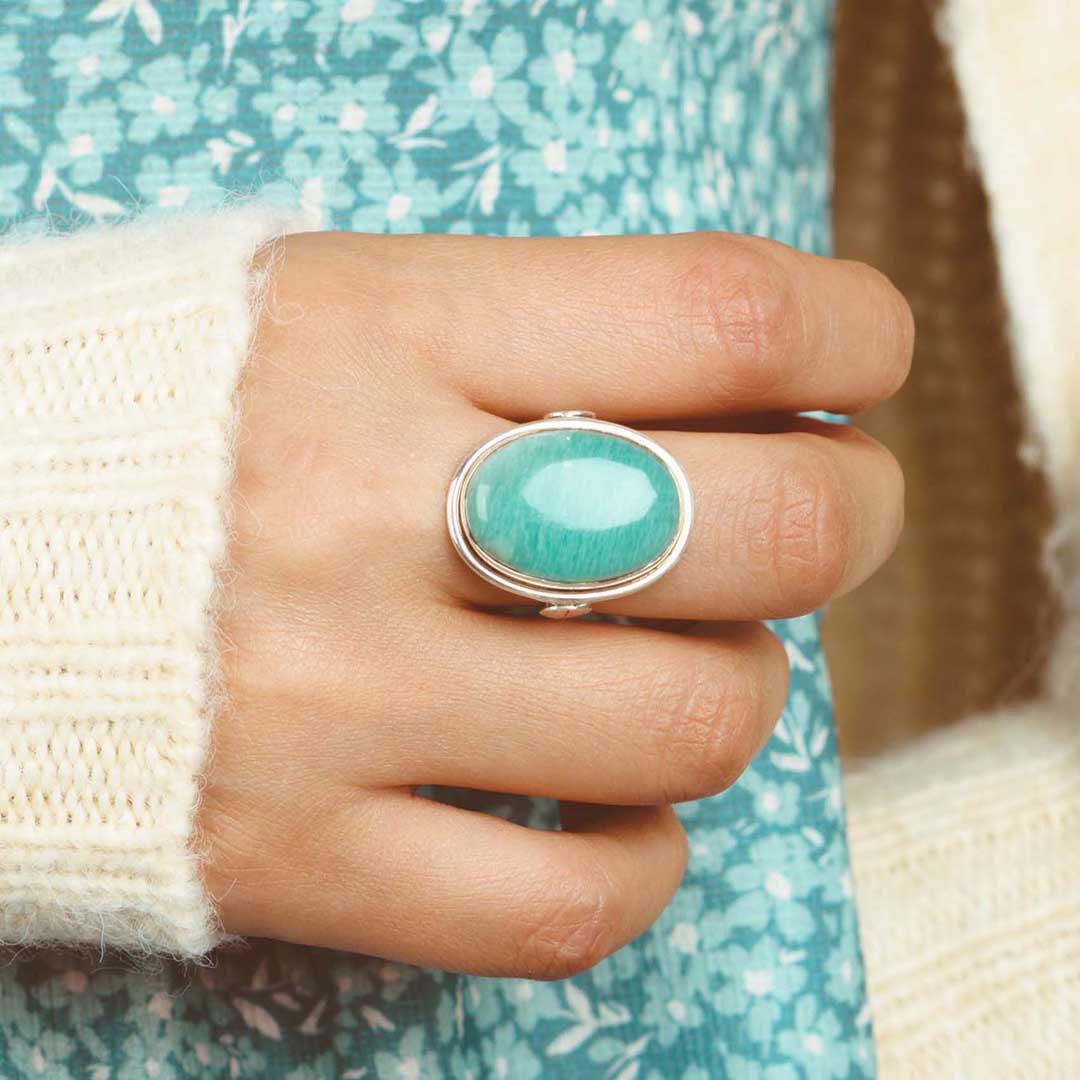 Women Designer Amazonite Gemstone Ring Blue Amazonite Oval Shape