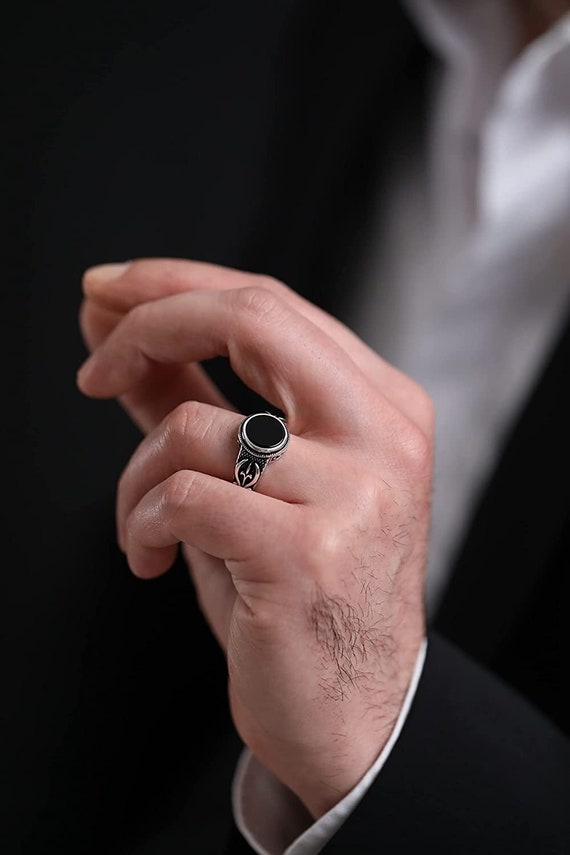 Men Black Onyx Stone Ring Handmade Silver Plain Design Ring Round