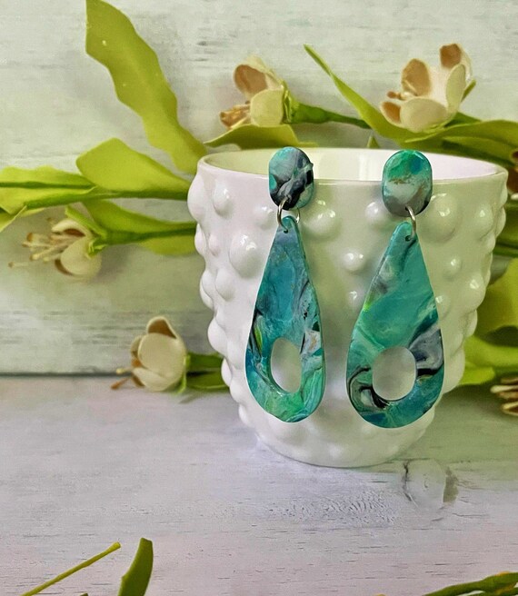 Blue Green Marble Large Cut-out Teardrop Earrings