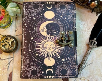 Sun and Moon Blank Spell Book of Shadows Grimoire Journal Handmade Vintage Leather Journal leather sketchbook Junk Journal Gifts for him Her