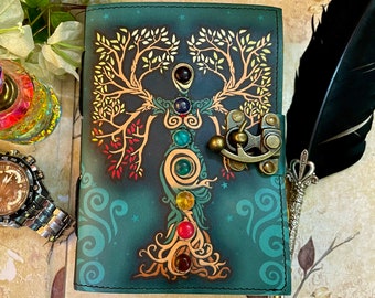 Mother of Earth Seven Stone Blank Spell Book of shadows handmade Grimoire Journal Junk Journal Tree of Life journal leather Gifts for couple