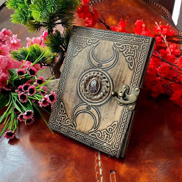 Triple moon goddess journal | 2 stone options | Medieval genuine leather vintage journal | 240 deckle edge paper sheets with C-clasp lock