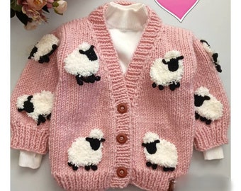 Knitted Lambs Children's Cardigan, Newborn Gift, New Valentines Day For Kids, Hand Knitted Pink Children's Cardigan, Unisex Day For Baby