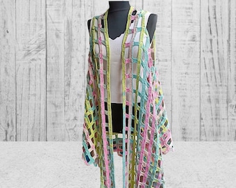 Crochet Long Vest, Boho Colorful Summer Beach Coverup