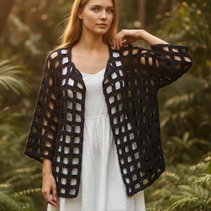 Crochet Short Mesh Black Jacket, Knitted Half Sleeve Women's Cardigan, Seasonal Handmade Perforated Pattern Jacket, hand knitted gift formom