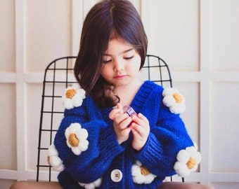 Knitted daisy children's cardigan, Floral Cotton Handmade Kids Clothes, Girl Birthday Gift, Sweater Cardigan For Girls and Boy Outfit