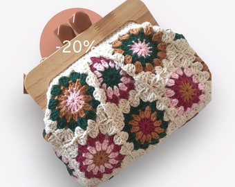 Monedero de crochet, Cartera de crochet con cierre de beso de madera, Monedero de crochet con forro cuadrado de abuela, Monedero de crochet con forro de cierre de beso
