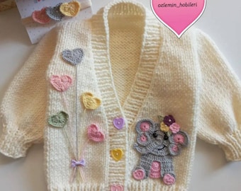 Knit child girl Cardigan Sweater, CottonHandmade Kids Clothes, child shower newborn gift, Valentines Day For Kids