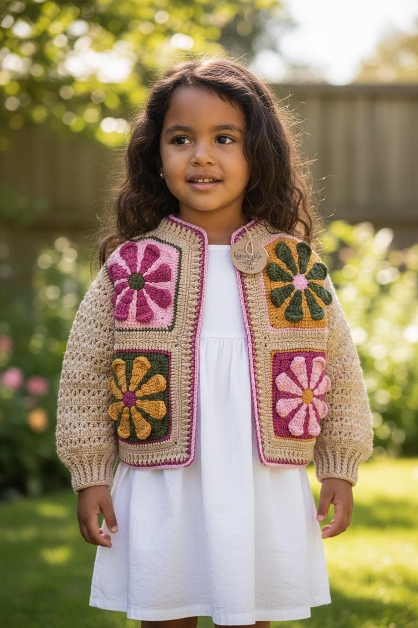 Gehaakt baby- en kindervest, gehaakte kindertrui, oma vierkant kindervest, gebreid babyvest, gehaakte babykleertjes, gebreide trui