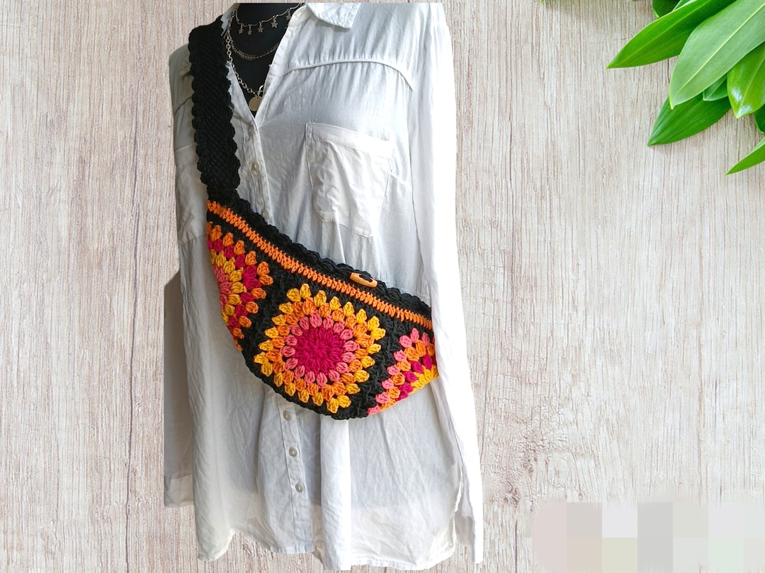 Crochet Bum Bag, Granny Square Crossbody Bag, Festival Shoulder Bag, Knitted Woman Accessory