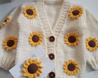 Knitted Sunflower Children's Cardigan, Newborn Gift, New Valentines Day For Kids, Knitted White Children's Cardigan, Unisex Day For Baby