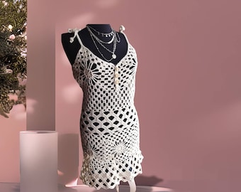 Handmade Crochet White Summer Dress, Beach Cover-up