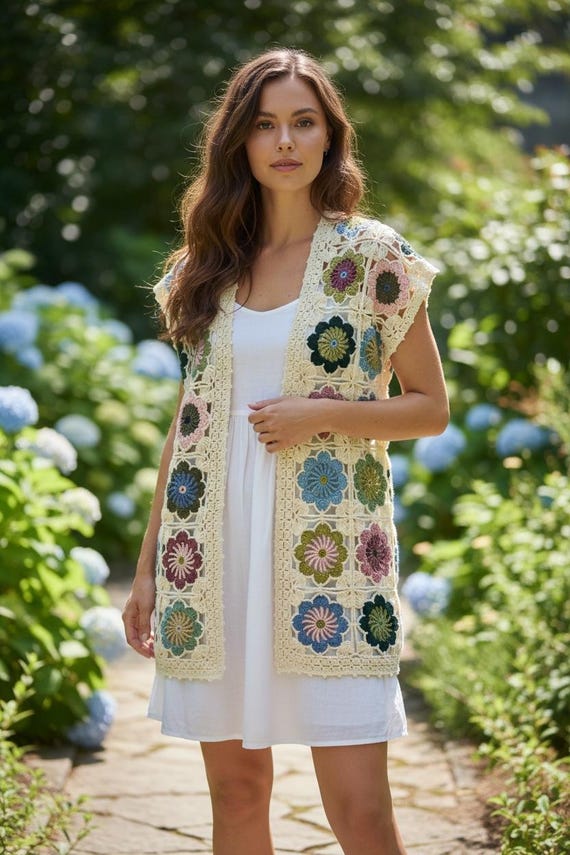 crochet vest tunic dress Crochet Vest, Summer Motif Vest, Crochet Flower Pattern Vest, Summer Vest,  Sleeveless Vest, Crochet Tunic