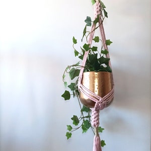 May include: A pink macrame plant hanger with a gold pot and green ivy plant hanging from it. The hanger has a tassel at the bottom.