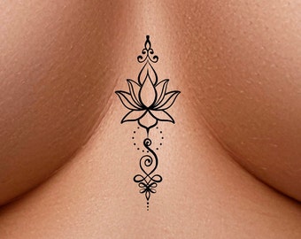 May include: A black line drawing of a lotus flower with intricate details. The flower is stylised with a long stem and delicate leaves.
