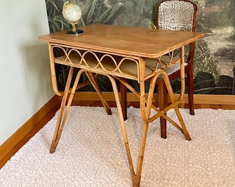 Ancien bureau  en rotin, bambou vintage style Louis Sognot