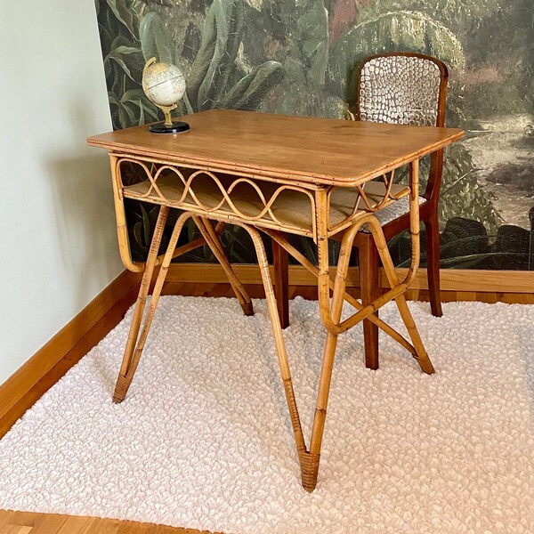 Ancien bureau  en rotin, bambou vintage style Louis Sognot