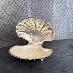 Concha de metal plateado, plato para caviar o mantequillera, cuenco grande en forma de vieira, vintage francés.