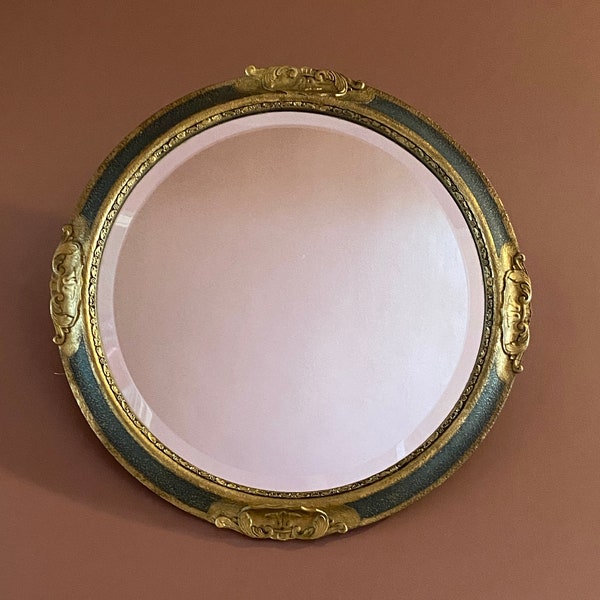 Ancien miroir médaillon, biseauté en bois et stuc, miroir anglais, drugstore Boots.