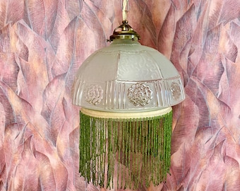 Art Deco fringed pendant light, old frosted glass pendant light, retro chic.
