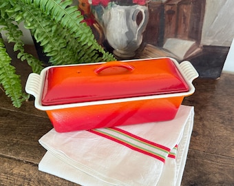 Le Creuset orange enameled cast iron terrine, pâté terrine, French vintage 1970