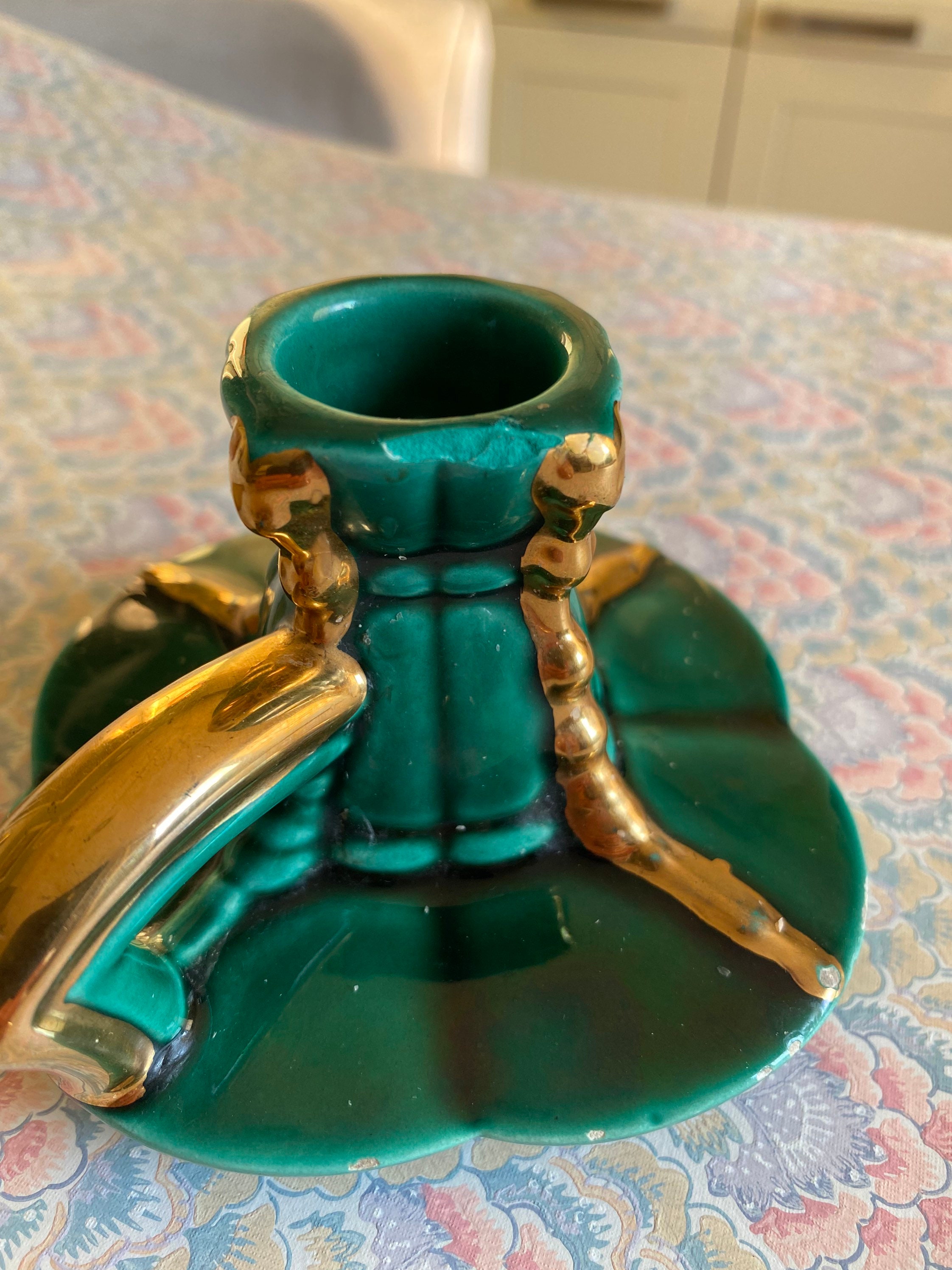 Bougeoir En Barbotine Verte Longchamp - Années 50/60 - Céramique Vintage