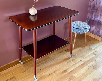 Meuble TV vintage, desserte Formica années 60, table pieds compas.