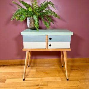 Puede incluir: Un pequeño mueble de madera de dos cajones con tapa verde claro, cajones azul claro y blancos, y patas de madera natural. Una planta de helecho en maceta se encuentra encima. El mueble es de estilo moderno de mediados de siglo.