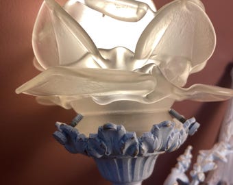 Antique Art Deco two-armed brass wall sconce with frosted glass tulips, rose shape.