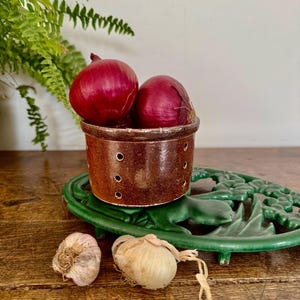 Pode incluir: Um pote de cerâmica castanho com pequenos orifícios de ventilação contendo duas cebolas roxas. O pote assenta num suporte de ferro fundido verde com um design de folhas, acompanhado por dois bulbos de alho inteiros colocados à frente.