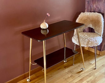 Meuble TV vintage, desserte Formica années 60, table pieds dorés.