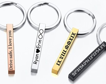 Personalized Keychain, Custom 4 Sides Bar Keyring, Engraved Key Chain, Drive Safe Keychain for Him, Groomsman Gift