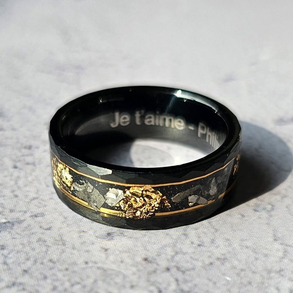 Custom Promise Ring for Him, Personalized Wedding Band for Men, Hammered Black Tungsten Band, Gold Leaf Engagement Ring, Gift for Boyfriend