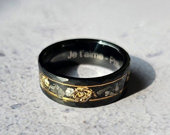 Custom Promise Ring for Him, Personalized Wedding Band for Men, Hammered Black Tungsten Band, Gold Leaf Engagement Ring, Gift for Boyfriend