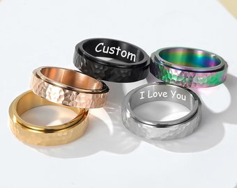 Custom Fidget Ring, Personalized Anxiety Ring, Hammered Spinner Band, Multi Color Rings, Stainless Steel Engraved Ring, Breathe Ring